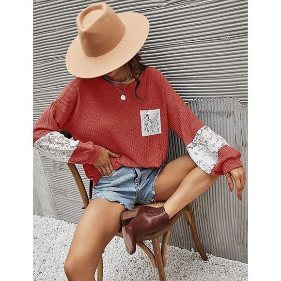 Women Sweatshirt 2XL Lace Knit Sweater Casual Loose Stitching Round Neck New - Picture 3 of 4